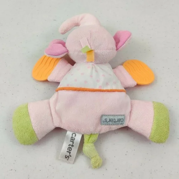 Carters Plush Elephant Baby Toy Pink Rattle Teether Crinkle Flat - Picture 3 of 8